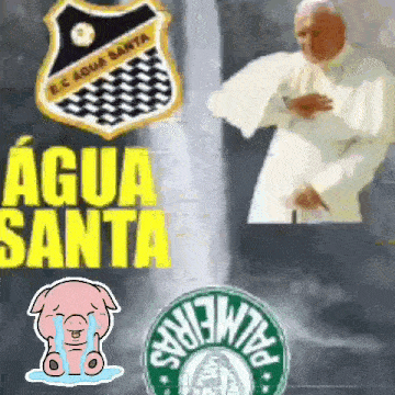 a cartoon of a pig crying with the words agua santa behind it