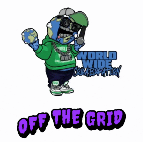 a cartoon character with the words off the grid written below him