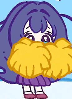 a cartoon of a girl with purple hair covering her face with yellow cheerleader pom poms