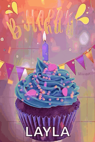 a birthday cupcake with a candle and the name layla on the bottom