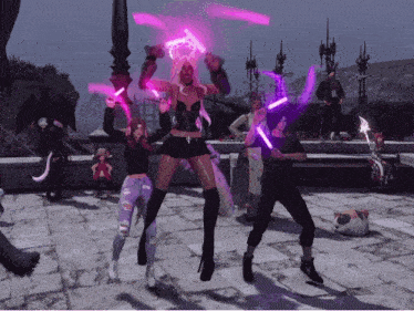 a group of people holding glowing sticks in a video game scene