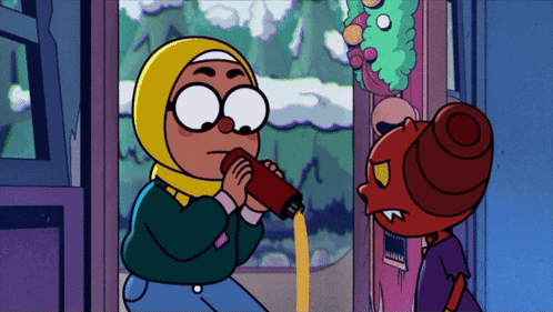 a cartoon shows a girl drinking from a red bottle