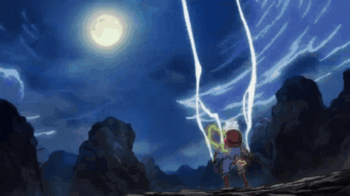 a person is standing in front of a full moon with lightning coming out of the sky
