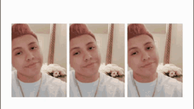 three images of a young man with pink hair and a white shirt