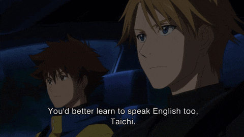 two anime characters are sitting next to each other and one of them says i can speak a little french