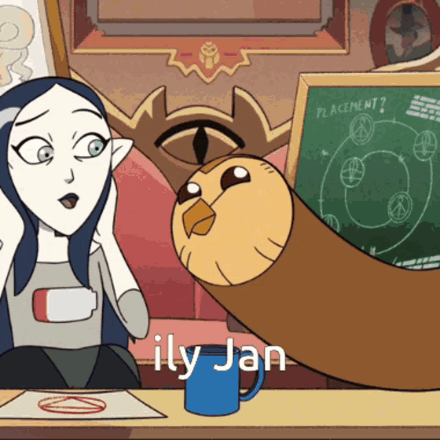 a cartoon of a woman sitting at a table with an owl and the words " ily jan " below her