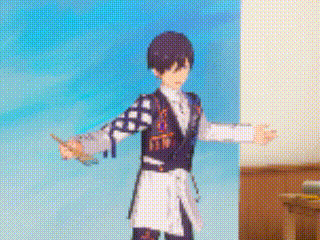 a cartoon character is standing in front of a blue wall and holding a sword .