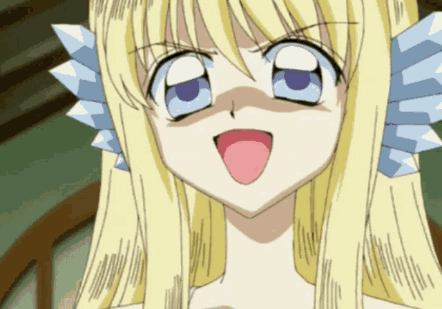 a close up of a blonde anime girl with a purple eye