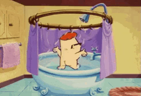 a cartoon character is taking a bath under a shower curtain .