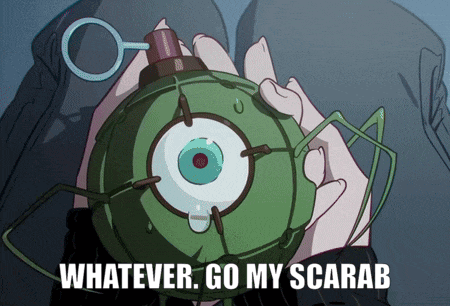 a cartoon drawing of a person holding a bomb that says whatever go my scarab on it