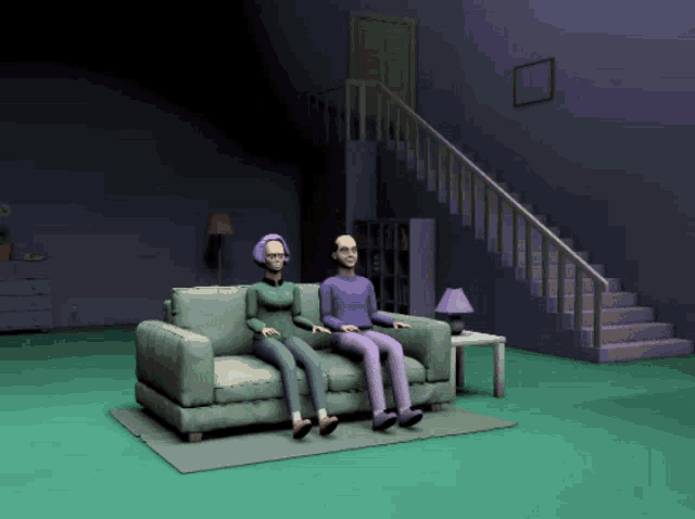 a man and a woman sit on a couch in front of a staircase