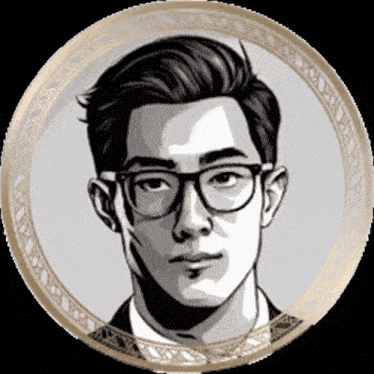 a drawing of a man wearing glasses in a gold frame