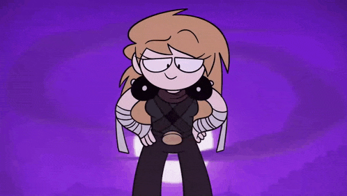 a cartoon character is standing in front of a purple background with his eyes closed and his hands on his hips .