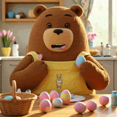 a teddy bear is sitting at a table with easter eggs on it