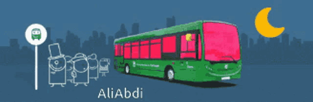 a green bus is parked at a bus stop in aliabdi