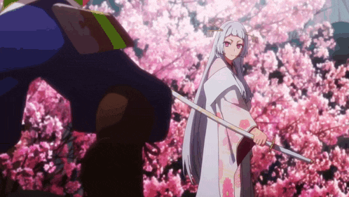a girl in a white kimono holding a sword in front of a cherry blossom tree