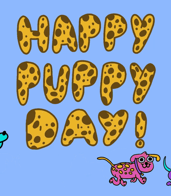 a happy puppy day greeting card with cartoon dogs on a blue background