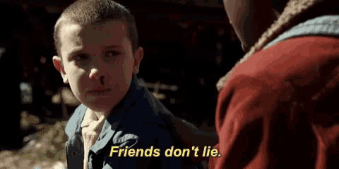 a young boy with a bloody nose is standing next to a man and says `` friends don 't lie '' .