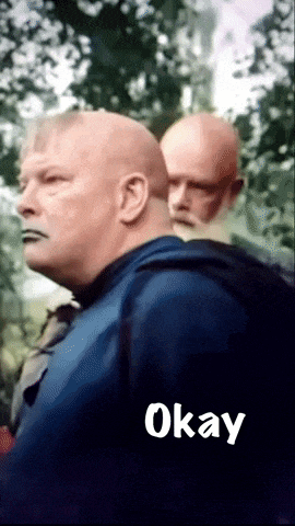 two bald men are standing next to each other with the word okay on the bottom right