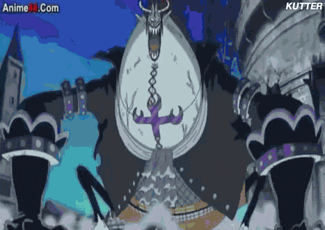 a cartoon drawing of a monster with a sword and a purple cross .