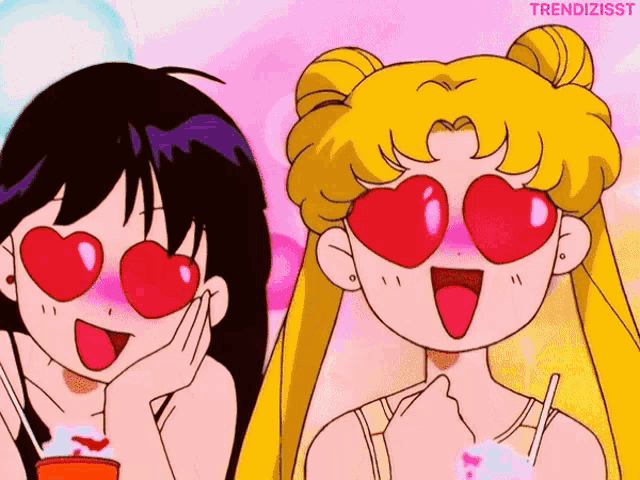 two anime girls wearing heart shaped sunglasses are standing next to each other with their tongues out