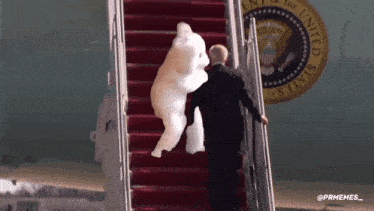 a man in a suit is walking down a set of stairs with a stuffed animal .