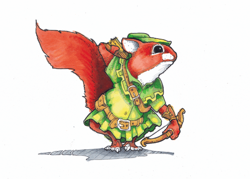 a cartoon drawing of a squirrel dressed as robin hood holding a bow and arrow