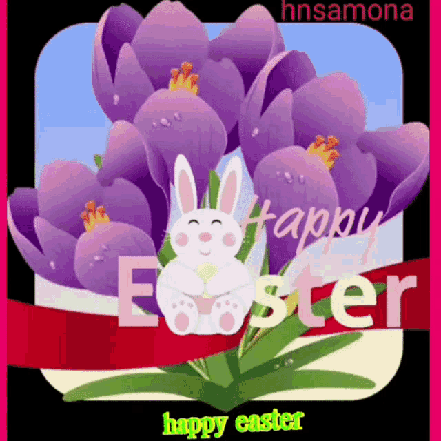an easter card with purple flowers and a white bunny