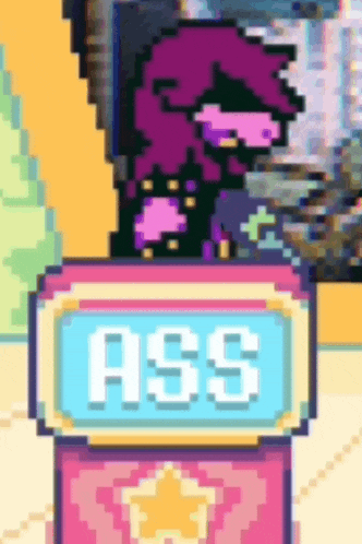 a pixel art of a person with the word ass on it