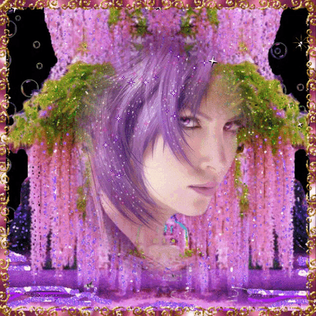 a woman with purple hair is surrounded by flowers