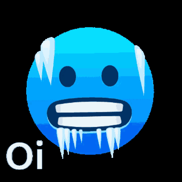 a blue smiley face with icicles on it and the words oi below it