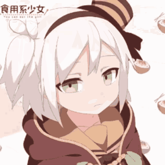 a girl with white hair and green eyes is wearing a hat and a hoodie