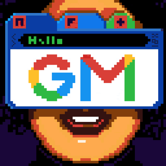 a pixel art illustration of a woman wearing a google gm sign