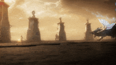 a statue of a dragon is standing in front of a row of pillars