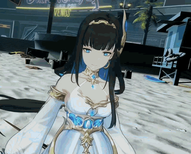 a girl in a white dress stands in front of a venus sign