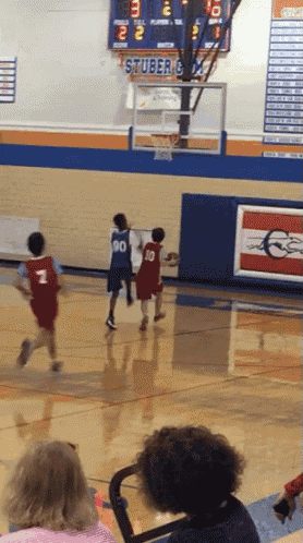 a basketball game is being played in front of a scoreboard that says " stuber "