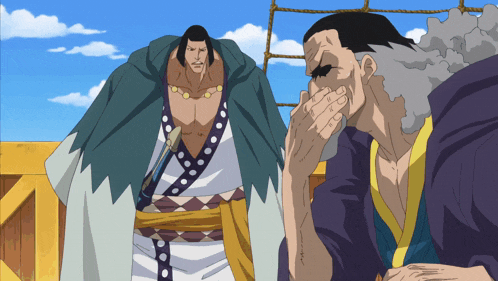 a man in a kimono covering his mouth while another man looks on