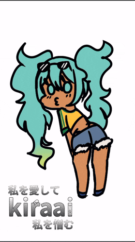 a drawing of a girl with blue hair and the word kiraai