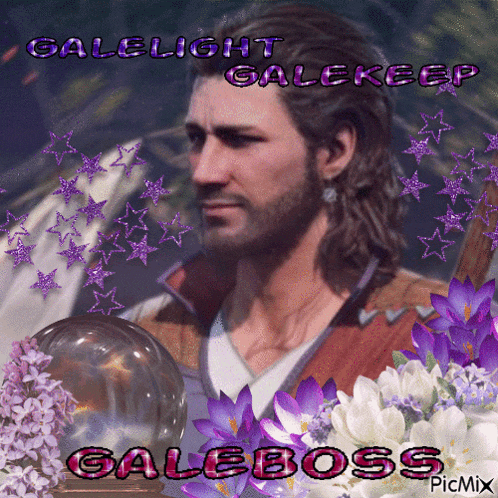 a picture of a man with purple flowers and the name galeboss on it