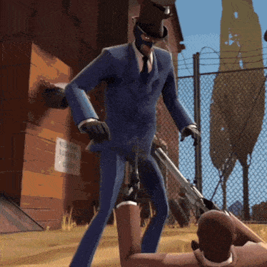 a man in a suit and top hat is holding a gun in front of a sign that says no dogs