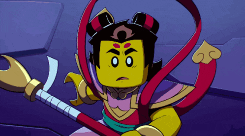 a cartoon character is holding a spear and has the letter o on her forehead
