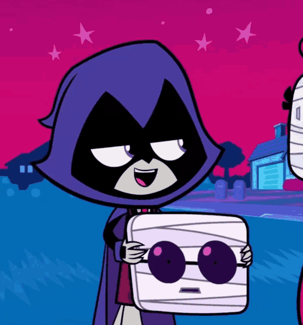 raven from teen titans go is holding a box with a mummy face on it