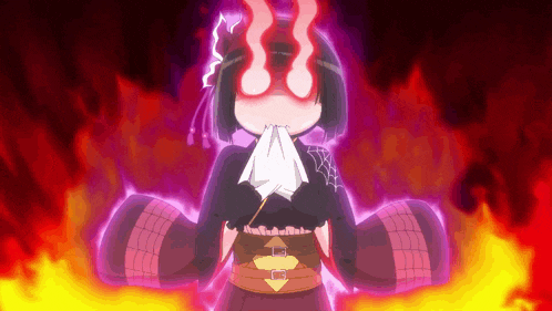 a cartoon of a girl with flames behind her