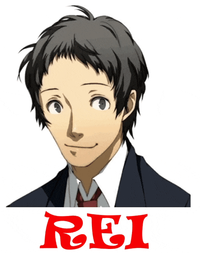 a picture of a man in a suit and tie with the word rei in red