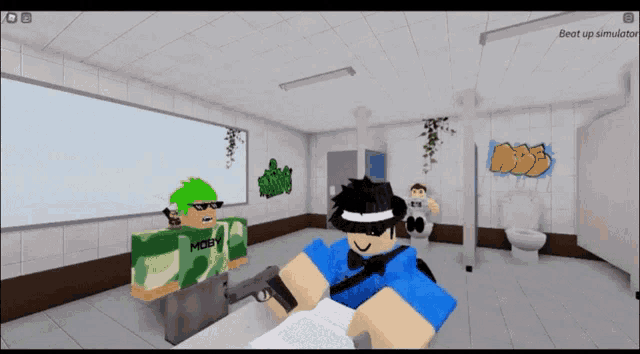 a screenshot of a roblox game shows a man holding a gun and another man wearing a green shirt that says moss