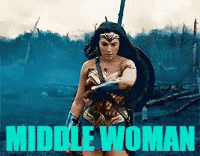 a woman in a wonder woman costume is standing in a field with the words middle woman above her