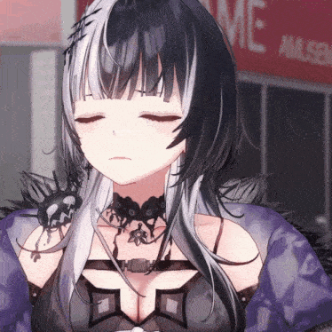a close up of a girl with her eyes closed in front of a sign that says ' me '