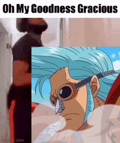 a picture of franky from one piece with a caption that says oh my goodness gracious