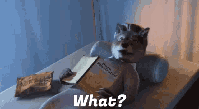 a dog is laying on a bed reading a book and the word what is on the bottom