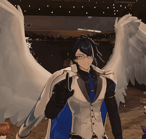 a man in a suit and tie with white wings is smiling